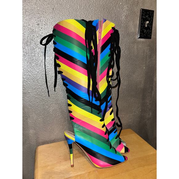 FSJ Rainbow Multicolor Stripes Peep Toe Knee High Lace Up Stiletto Heel Boots - Picture 2 of 12